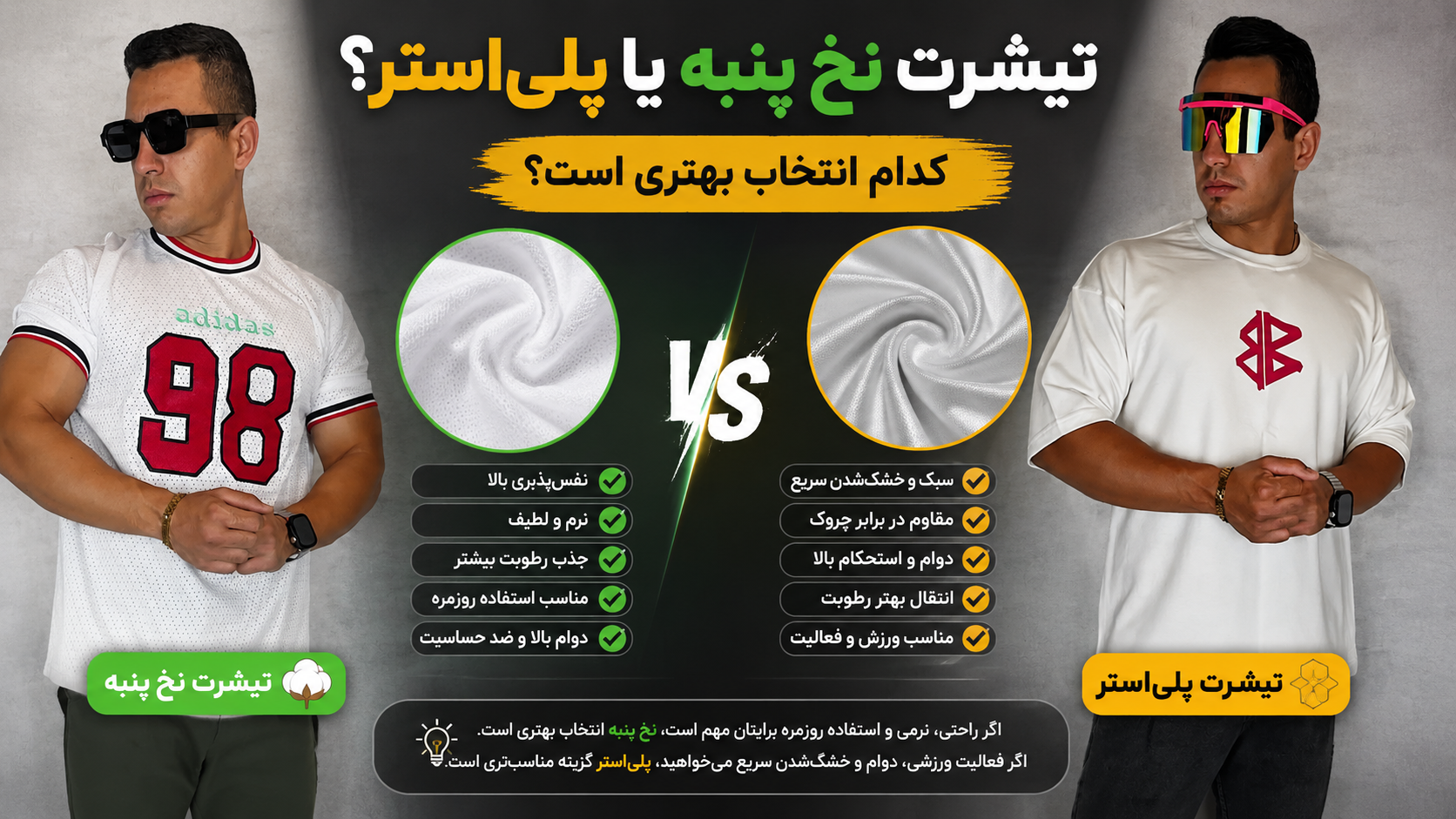 مقایسه تیشرت نخ پنبه و پلی استر مردانه