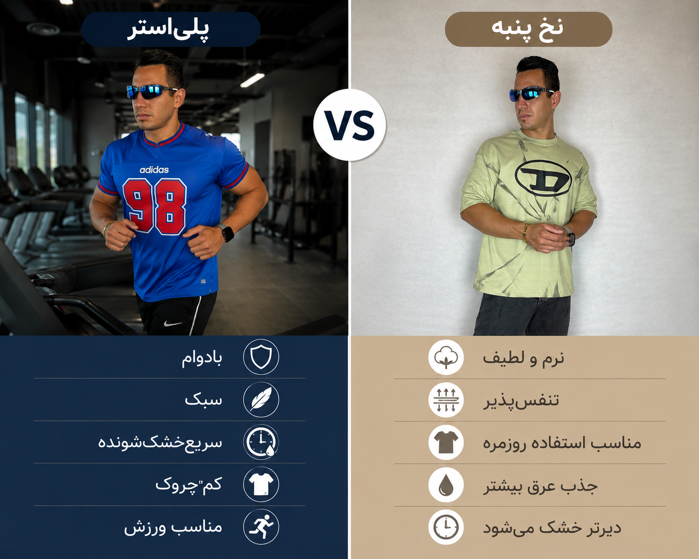 جدول ‎ تصویری تفاوت تیشرت نخ پنبه و پلی استر
