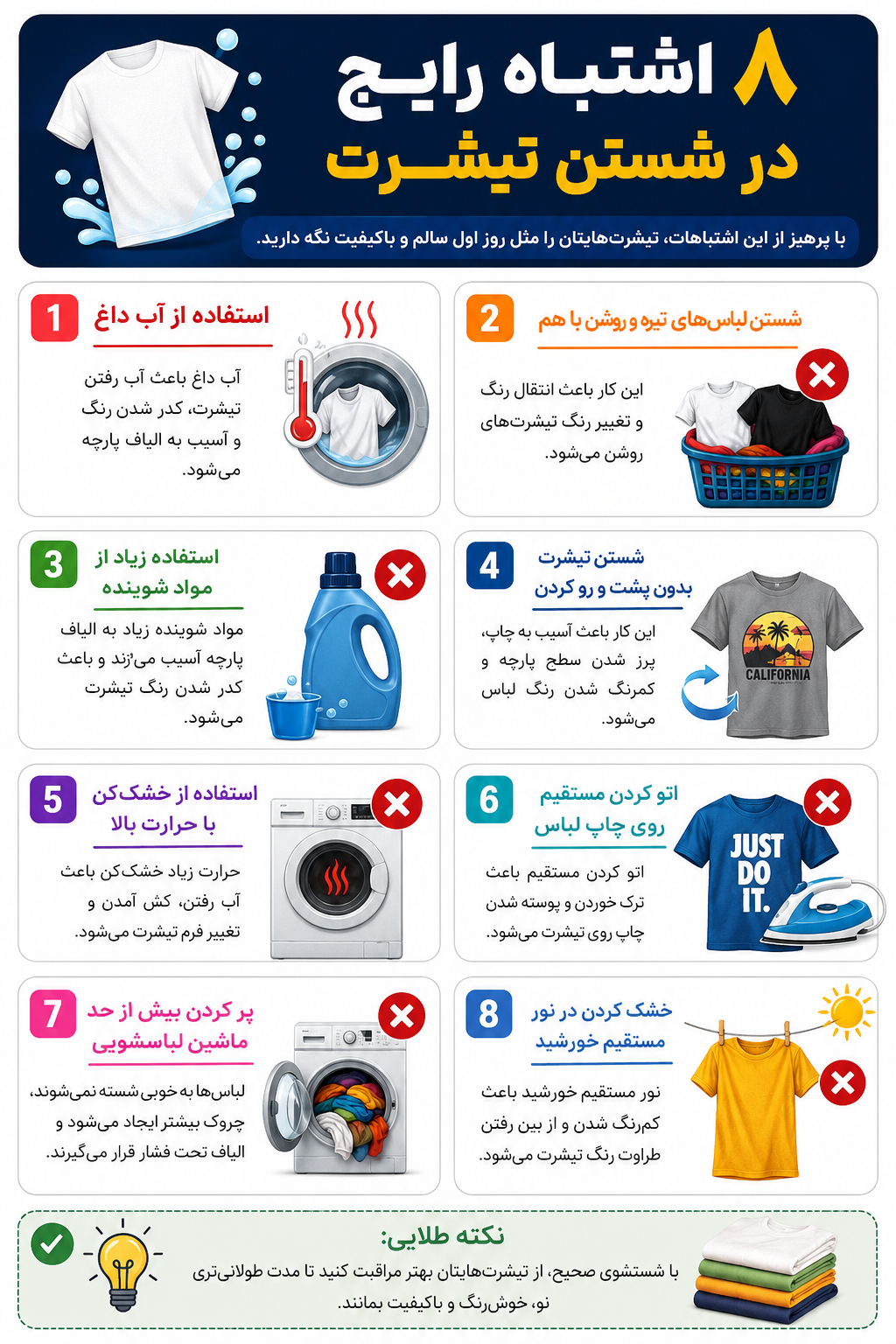 اینفوگرافیک ۸ اشتباه رایج در شستن تیشرت