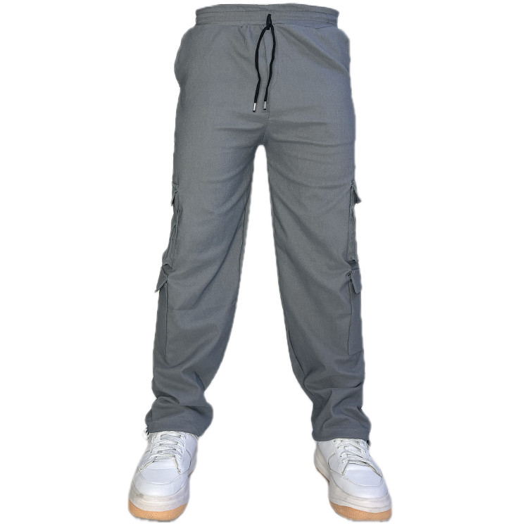 شلوار مردانه مدل کارگو دمپا بند دار طوسی نمای روبرو