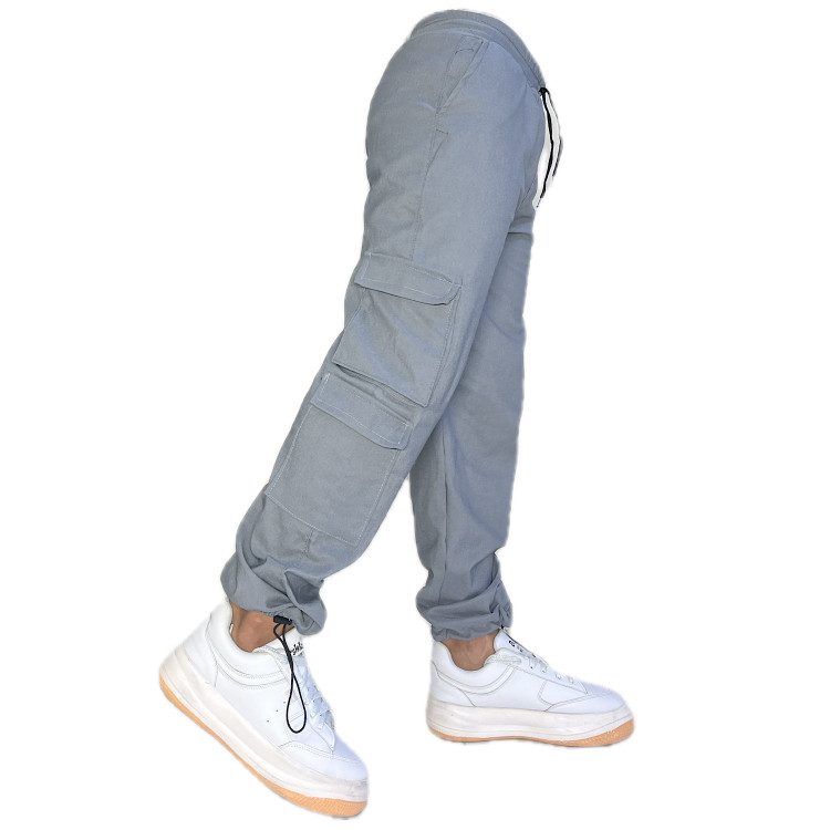 شلوار مردانه مدل کارگو دمپا بند دار طوسی نمای راست