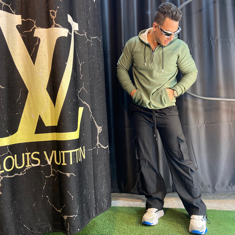 شلوار مردانه مدل کارگو دمپا بندی رنگ مشکی نمای جلو