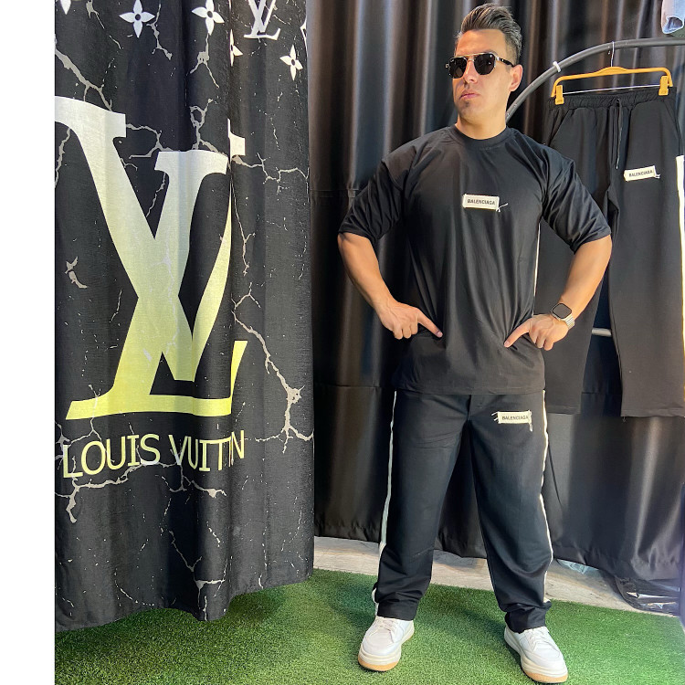 ست مردانه تیشرت شلوار مدل بیسیک نوارکنفی | مشکی نمای جلو