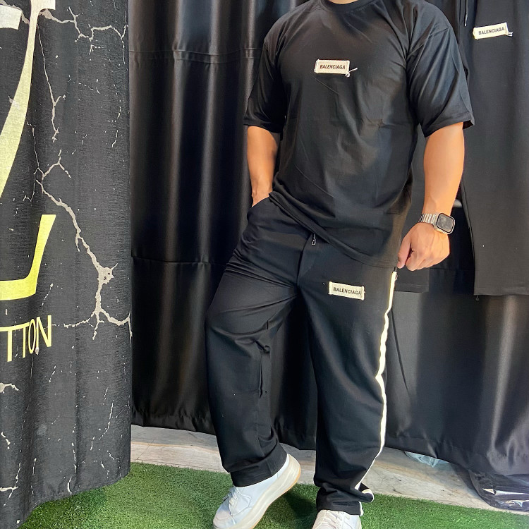 ست مردانه تیشرت شلوار مدل بیسیک نوارکنفی | مشکی نمای تنخور