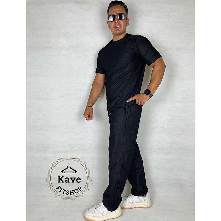 ست تیشرت و شلوار مردانه مدل بیسکویتی رنگ مشکی نمای چپ