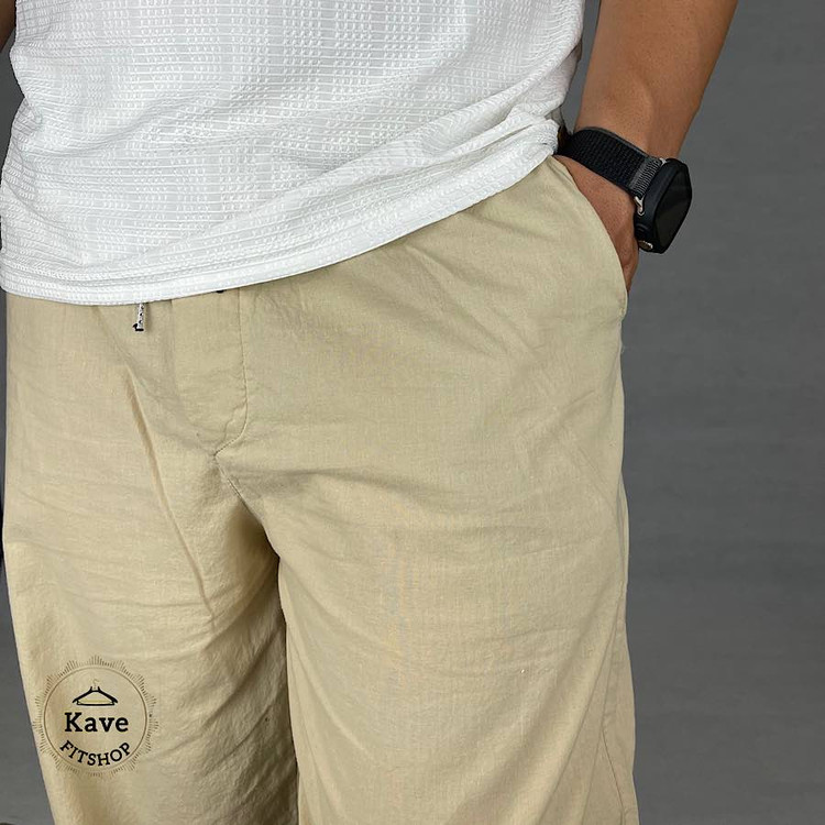 شلوار مردانه مدل بگ لنین رنگ کرم نمای پارچه