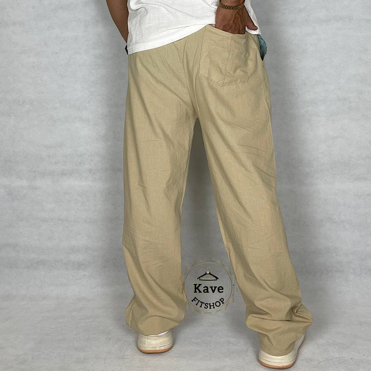 شلوار مردانه مدل بگ لنین رنگ کرم نمای پشت