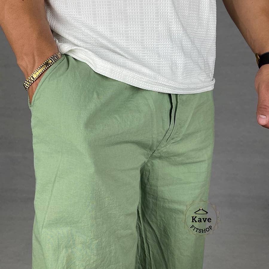شلوار مردانه مدل بگ لنین رنگ سبز ماچا نمای پارچع