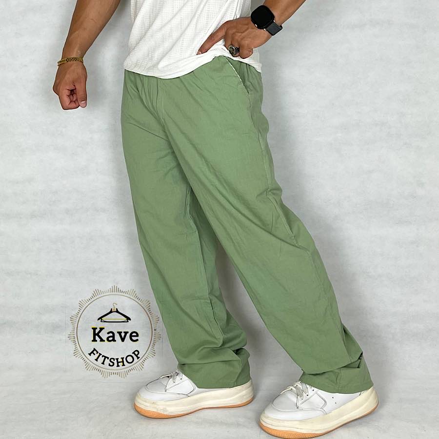 شلوار مردانه مدل بگ لنین رنگ سبز ماچا نمای چپ