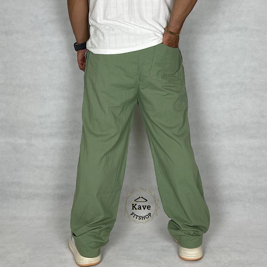 شلوار مردانه مدل بگ لنین رنگ سبز ماچا نمای پشت