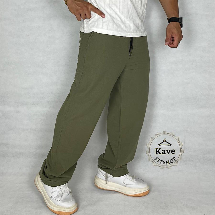 شلوار مردانه بگ لنین سبز زیتونی خنک و راح نمای راست