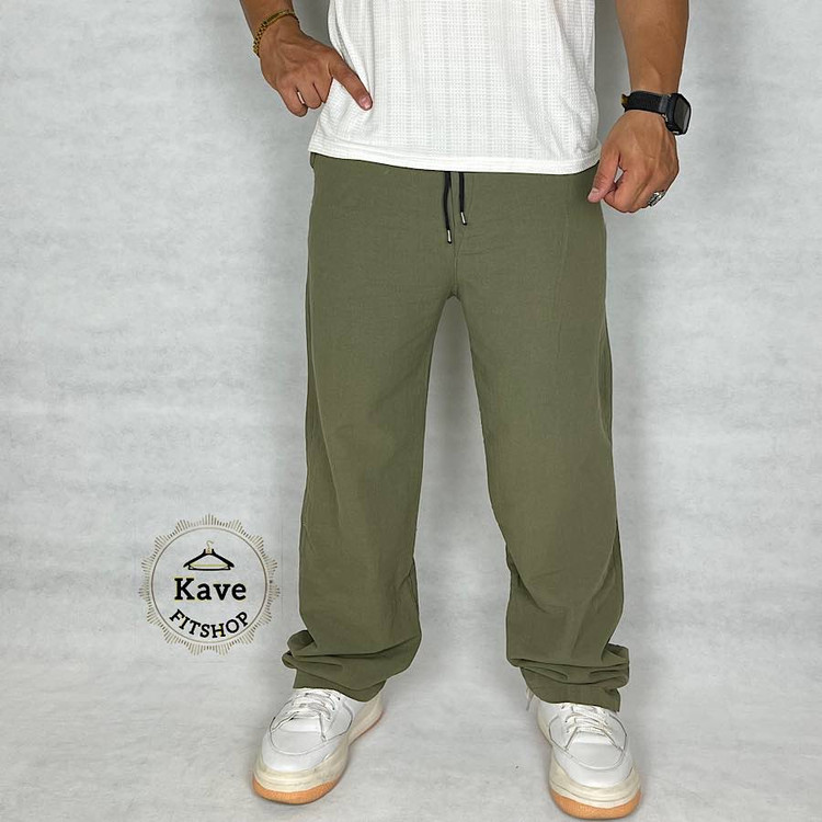 شلوار مردانه بگ لنین سبز زیتونی خنک و راح نمای جلو