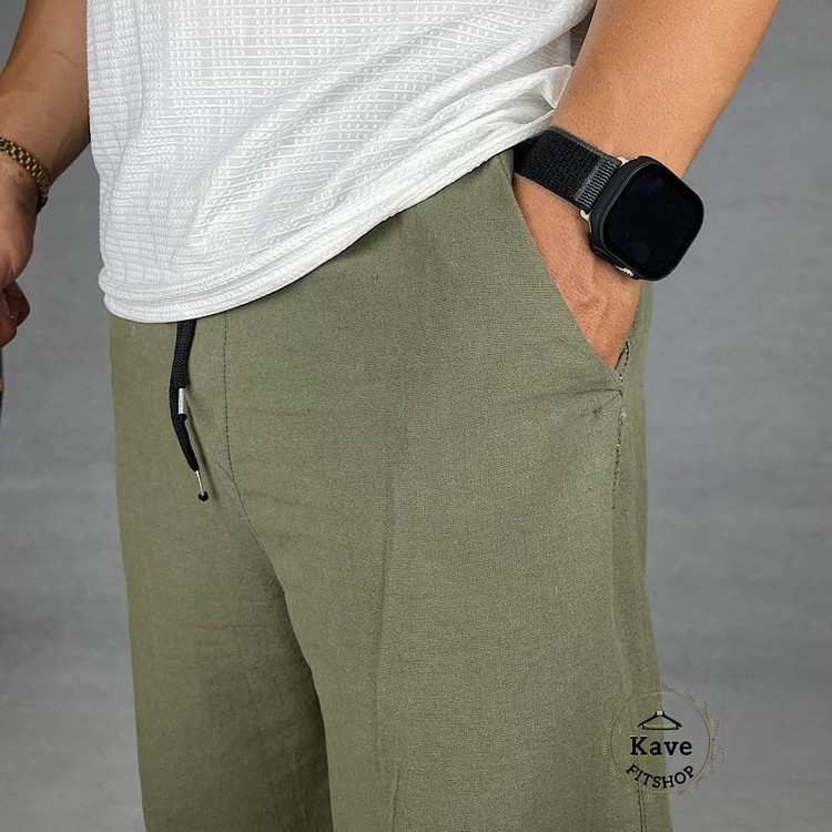 شلوار مردانه بگ لنین سبز زیتونی خنک و راح نمای جنس