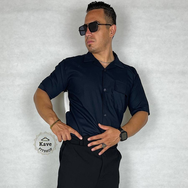 پیراهن مردانه کتان آستین کوتاه سرمه ای | بالنسیاگا نمای جلو