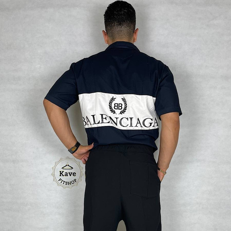 پیراهن مردانه کتان آستین کوتاه سرمه ای | بالنسیاگا نمای پشتی