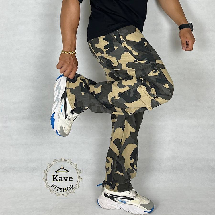 شلوار مردانه کارگو مدل چریکی زرد نمای دمپا