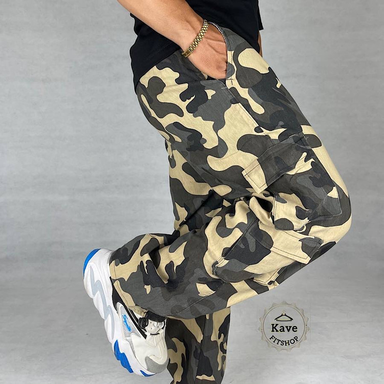 شلوار مردانه کارگو مدل چریکی زرد نمای پارچه