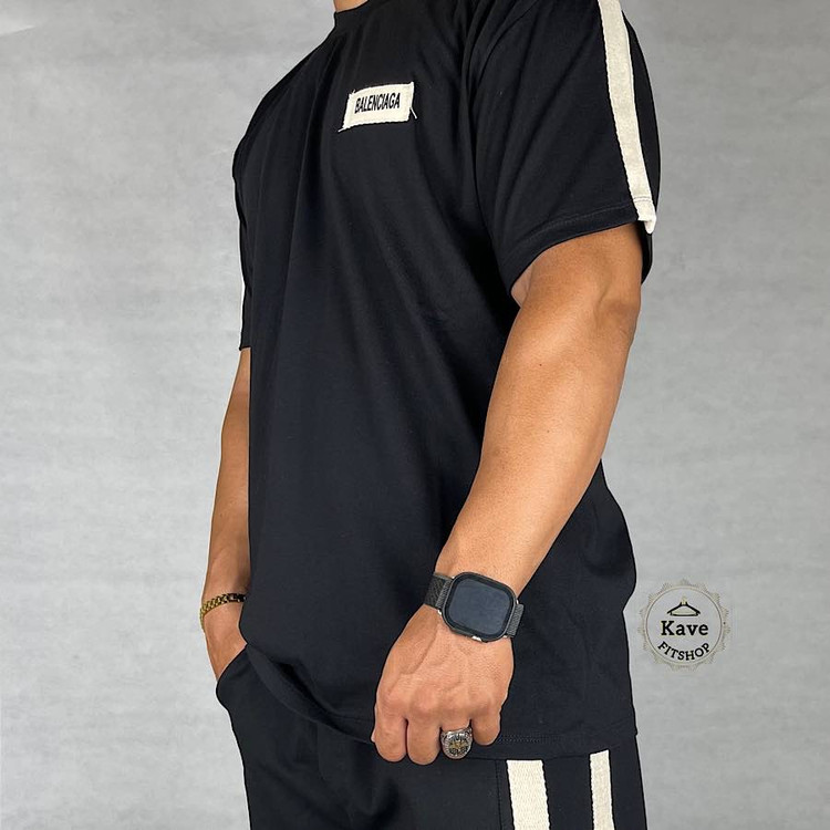 تیشرت مردانه نوارکنفی مشکی بالنسیاگا نمای چپ