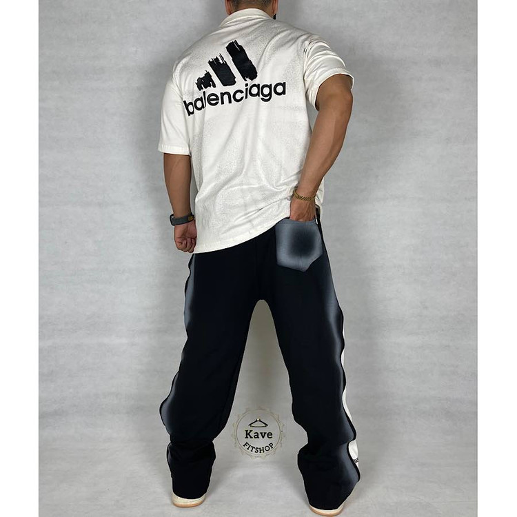 ست پولوشرت و شلوار بگ مردانه مدل پیستوله سفید نمای پشت