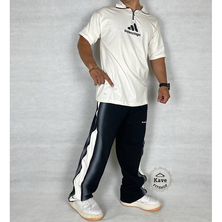 ست پولوشرت و شلوار بگ مردانه مدل پیستوله سفید نمای راست