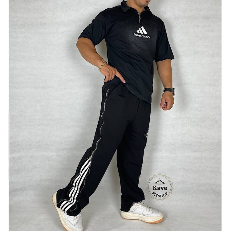 ست پولوشرت و شلوار بگ مردانه مدل پیستوله مشک نمای راست