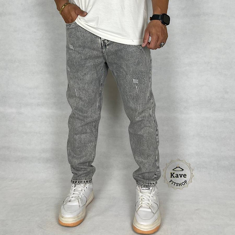 شلوار جین مردانه مدل مام فیت رنگ طوسی روش نمای جلو