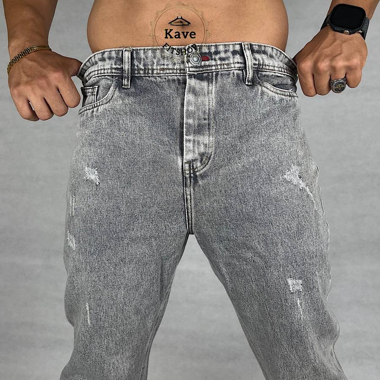 شلوار جین مردانه مدل مام فیت رنگ طوسی روش نمای پارچه