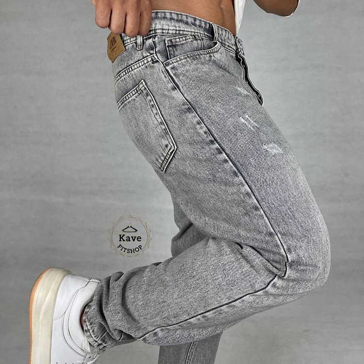 شلوار جین مردانه مدل مام فیت رنگ طوسی روش جزئیات دوخت