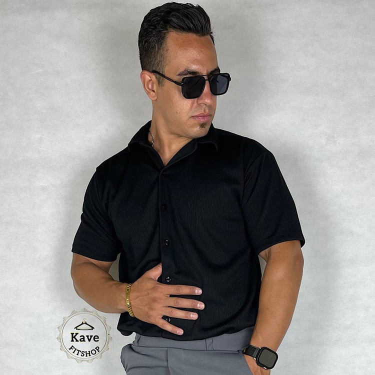 پیراهن مردانه کبریتی آستین کوتاه | مشکی نمای جلو