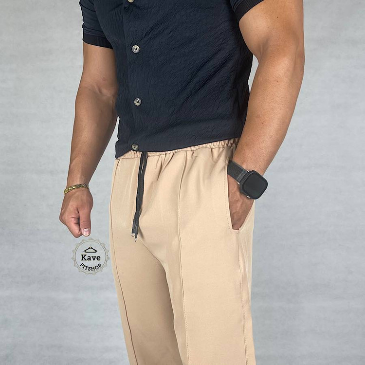 شلوار مردانه مدل کلاسیک مازراتی کرم نمای پارچه