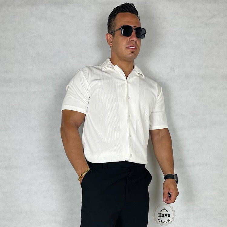 پیراهن مردانه کبریتی آستین کوتاه | سفید نمای استایل