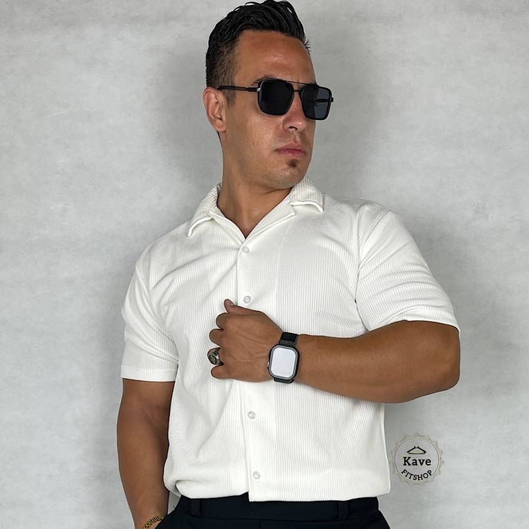 پیراهن مردانه کبریتی آستین کوتاه | سفید نمای جلو