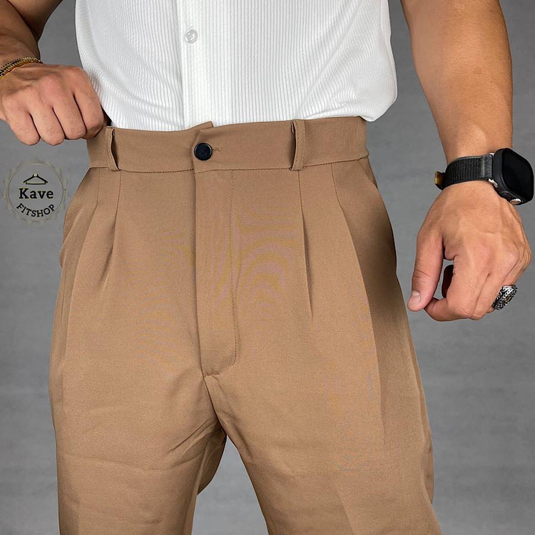 شلوار مردانه مدل کمر انگلیسی کلاسیک نسکافه ای نمای دوخت