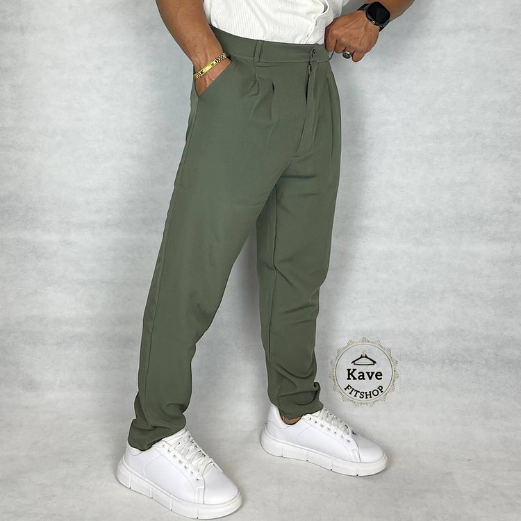 شلوار مردانه مدل کمر انگلیسی کلاسیک سبز زیتونی نمای راست