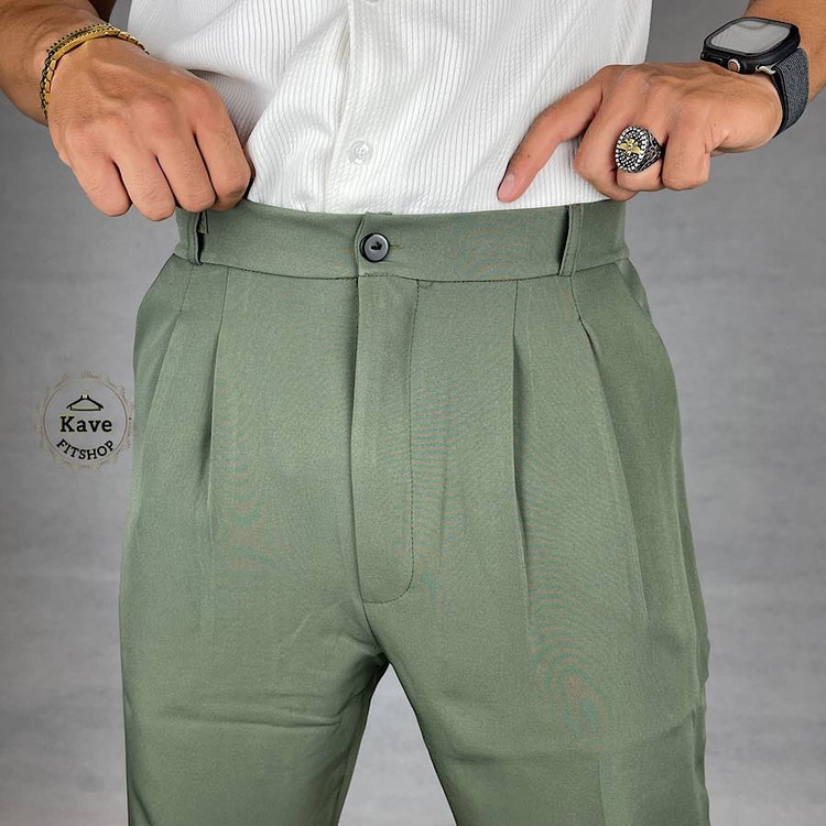 شلوار مردانه مدل کمر انگلیسی کلاسیک سبز زیتونی نمای دوخت