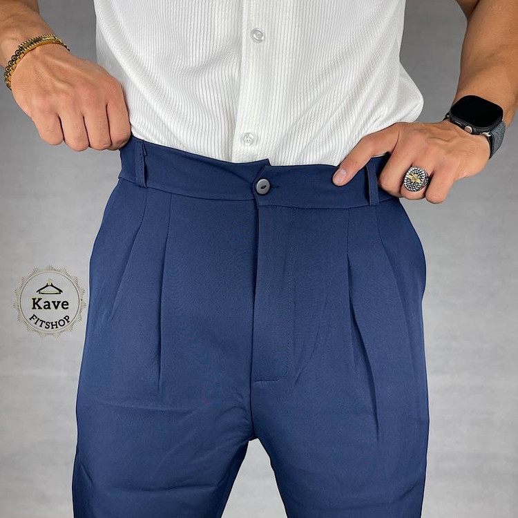 شلوار مردانه مدل کمر انگلیسی کلاسیک سرمه ای نمای کمر