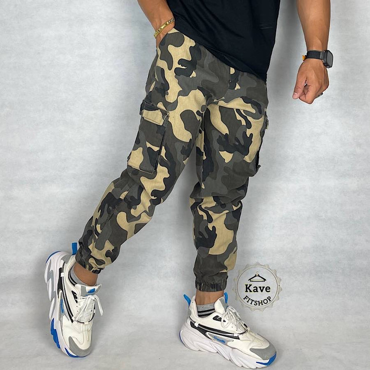 شلوار مردانه مدل کارگو طرح چریکی دمپاکش زرد نمای راست