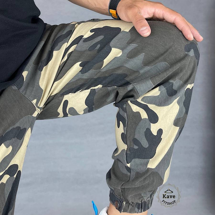 شلوار مردانه مدل کارگو طرح چریکی دمپاکش زرد نمای پارچه