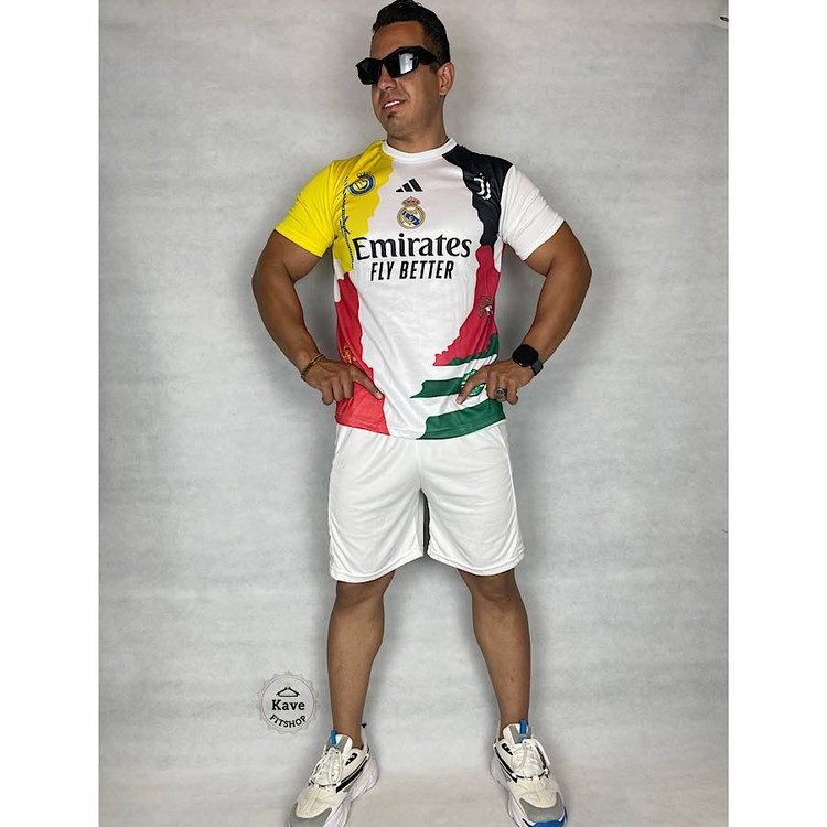 ست تیشرت و شلوارک ورزشی مردانه مدل منتخب رونالدو سفید نمای جلو