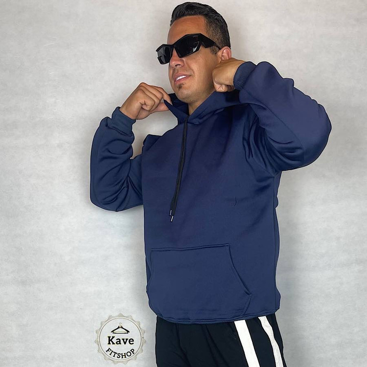 هودی مردانه مدل بیسیک داخل کرکی سرمه ای نمای کلاه