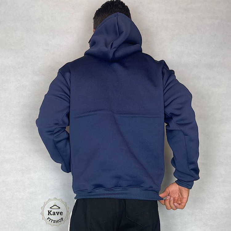 هودی مردانه مدل بیسیک داخل کرکی سرمه ای نمای پشت