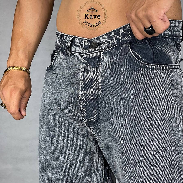 شلوار جین مردانه مدل نیم بگ رنگ طوسی نمای پارچه