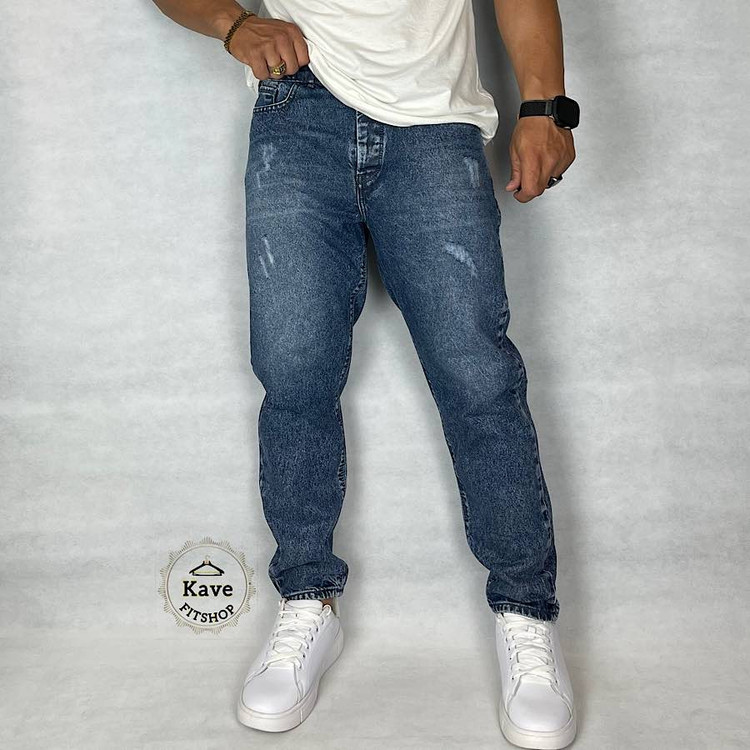 شلوار جین مردانه مدل مام فیت رنگ آبی نمای جلو