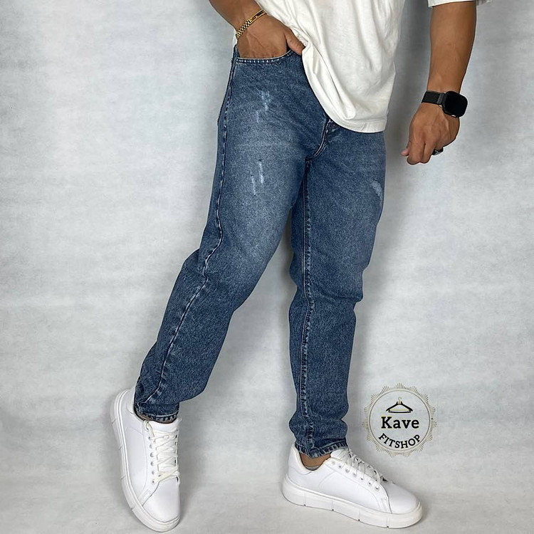 شلوار جین مردانه مدل مام فیت رنگ آبی نمای راست