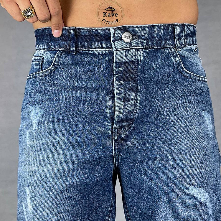 شلوار جین مردانه مدل مام فیت رنگ آبی نمای دوخت