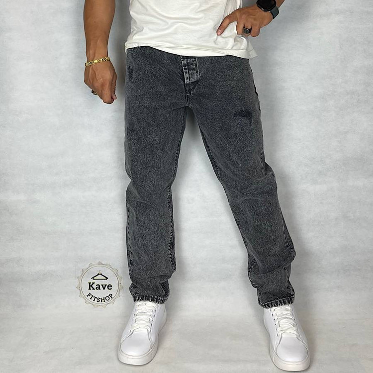 شلوار جین مردانه مدل مام فیت رنگ طوسی نمای جلو