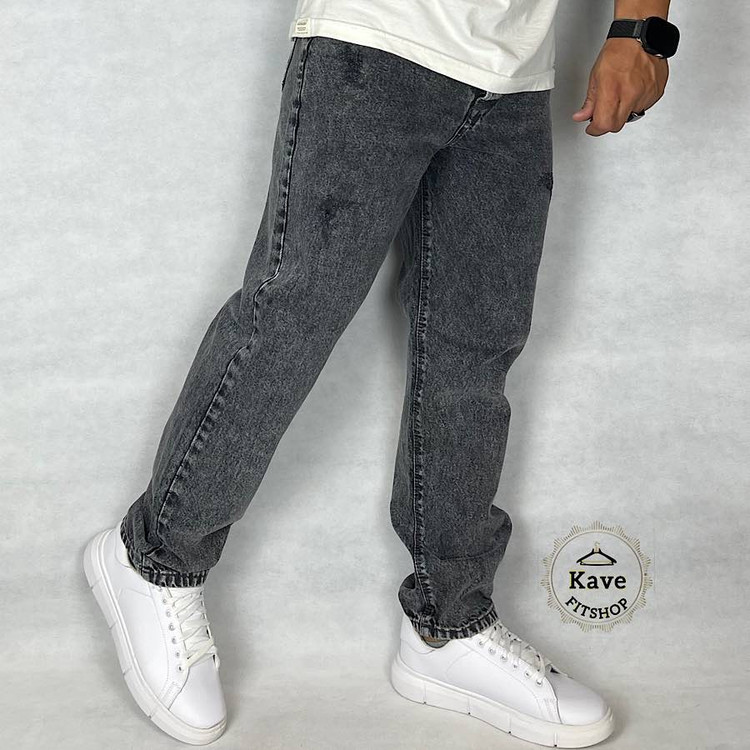 شلوار جین مردانه مدل مام فیت رنگ طوسی نمای راست