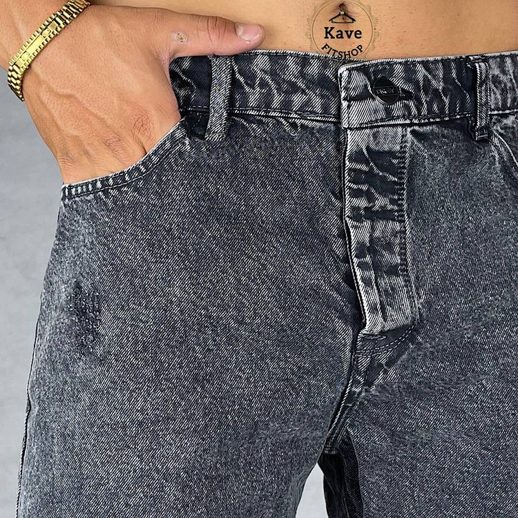 شلوار جین مردانه مدل مام فیت رنگ طوسی نمای پارچه