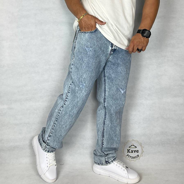 شلوار جین مردانه مدل نیم بگ رنگ آبی نمای راست