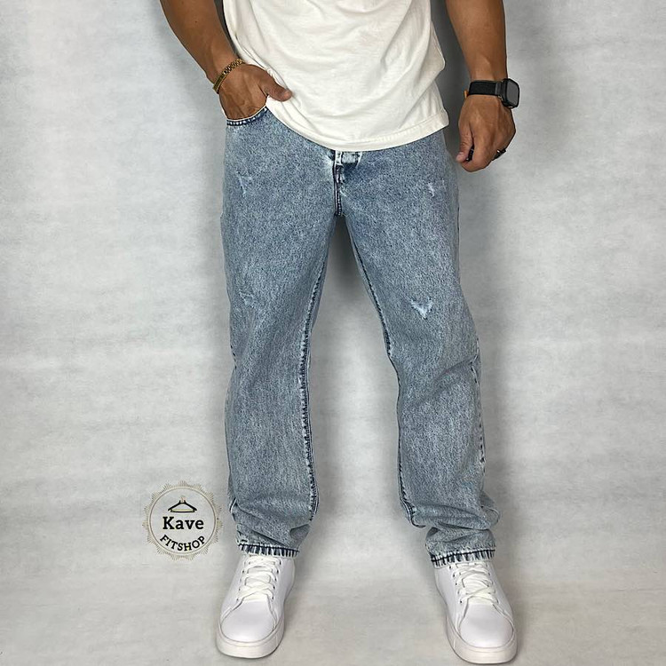 شلوار جین مردانه مدل نیم بگ رنگ آبی نمای جلو